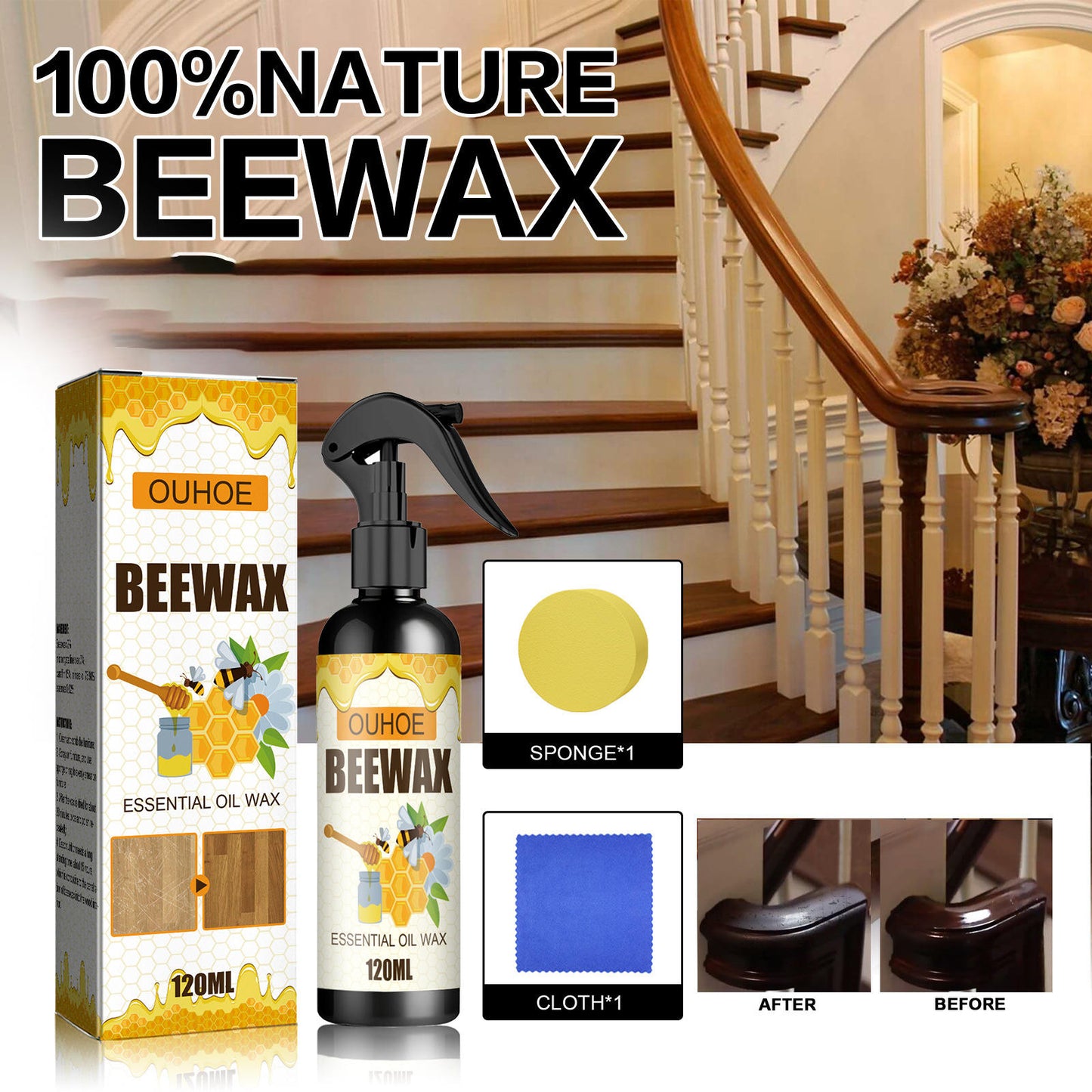 Natural Micro-Molecularized Beeswax Spray, Furniture Polish and Cleaner for Wood (Pack of 2)
